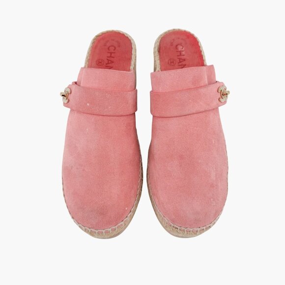 Chanel Turnlock CC Clog Mules Size 37 US 6-6.5 Pink Suede Espadrille Block Heel - Picture 3 of 15